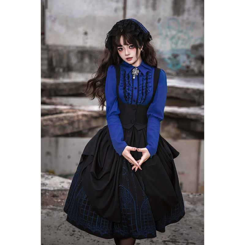 修道女の刺繍ジャンパースカート - Black × Blue[2025年3月下旬-5月上旬発送予定]