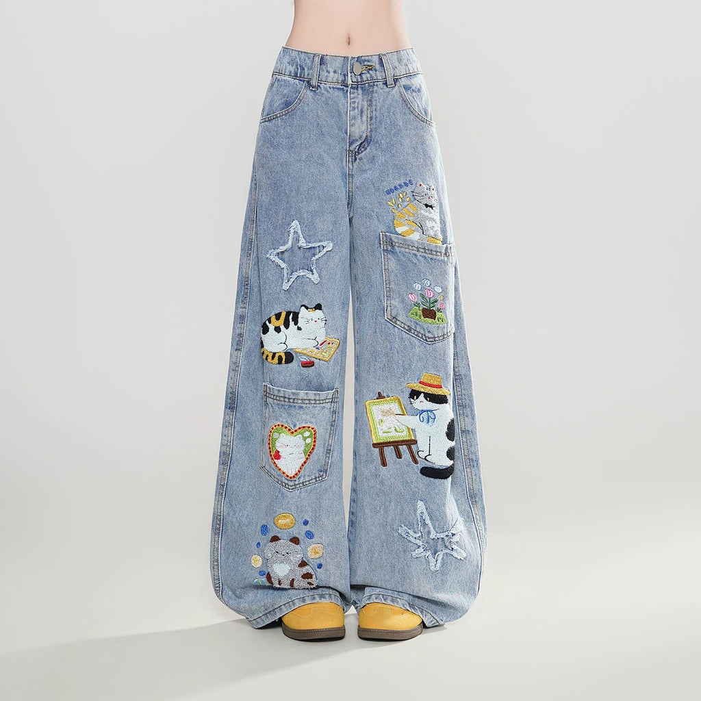 Cat's Daily Life Embroidered Denim Pants – ManusMachina