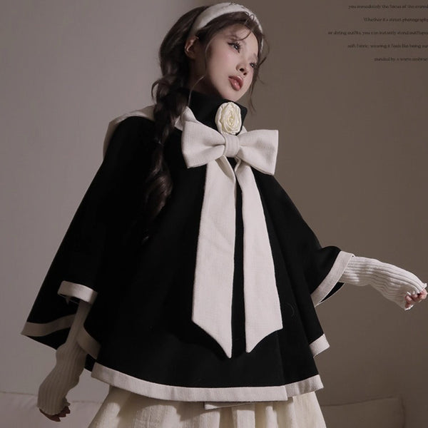 物語のお嬢様のケープコートとリボンフード - Black[2025年12月上旬-2026年1月上旬発送予定]