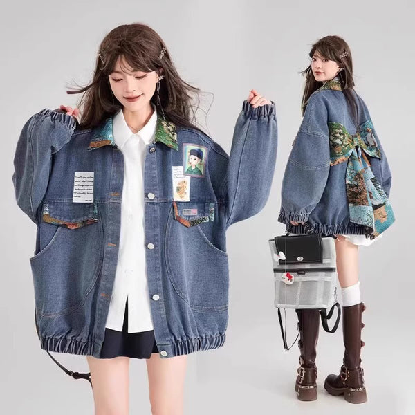 西洋油彩画のリボンデニムジャケット