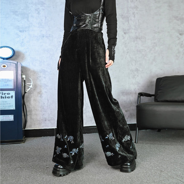 椿の花と鶯の刺繍ワイドパンツ