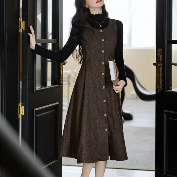 Dark Brown Jumper Skirt and Black Knit Top