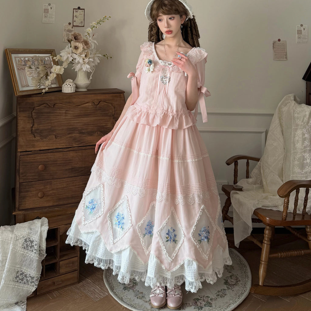 紫陽花の花の刺繍スカートとブラウス - Sakura Pink – ManusMachina