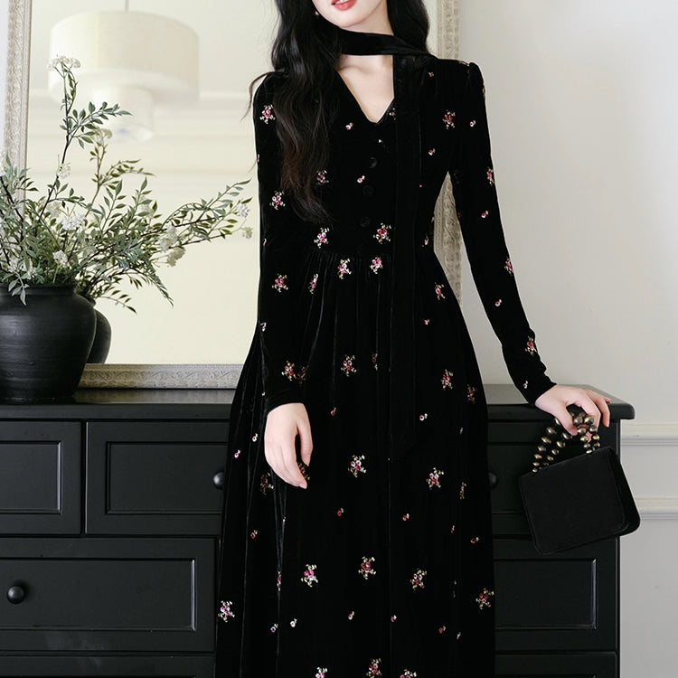 Black Floral Embroidered Velvet Dress