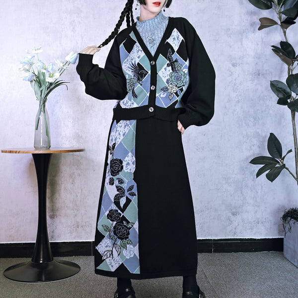 椿の花と鶯の挿絵カーディガンとニットスカート