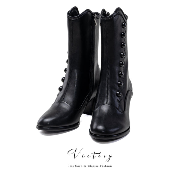 Victorian Round Toe Buttoned Short Boots - Black[2024年11月下旬-12月中旬発送予定]（予約期間：延長）