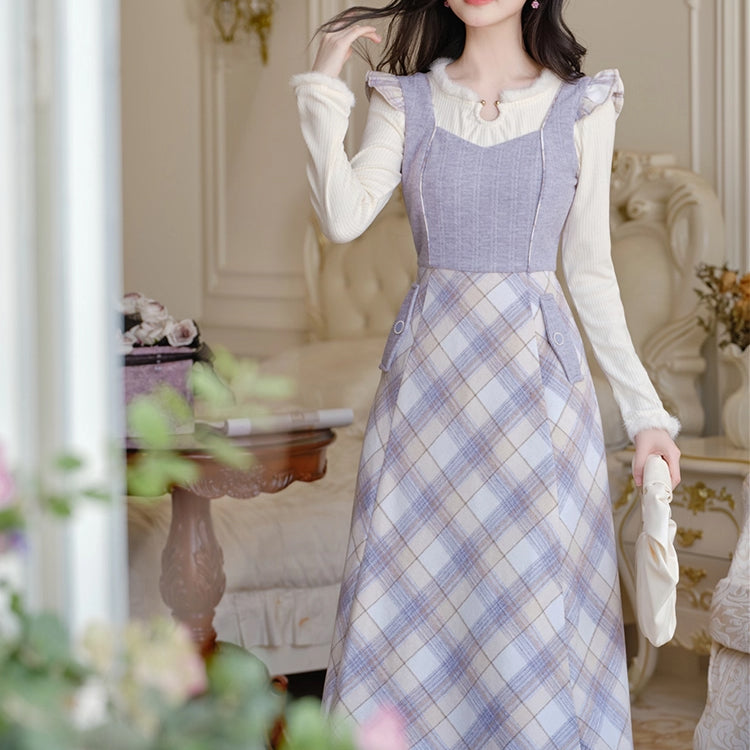 Light Purple Plaid Jumper Skirt and Knit Top