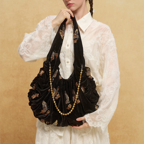 金色の蝶の刺繍ベルベットトートバッグ