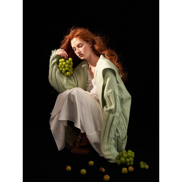 Fur-trimmed Ribbed Knit Cardigan - Light Green