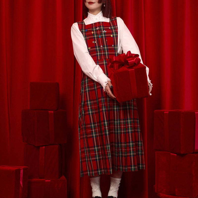 花束刺繍の格子柄ジャンパースカート