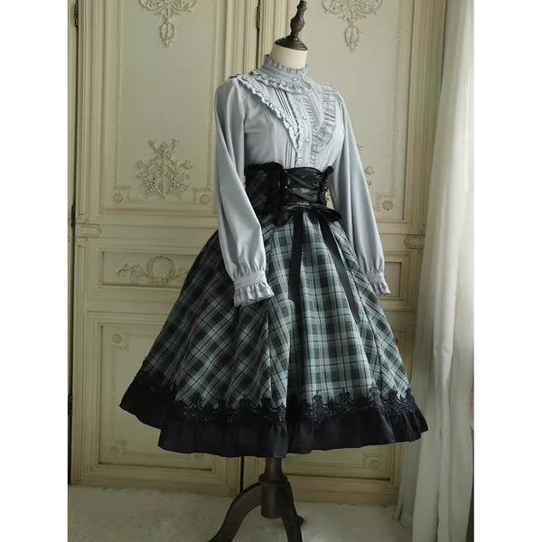灰緑の格子柄コルセットスカート[2026年3月下旬-4月下旬発送予定]