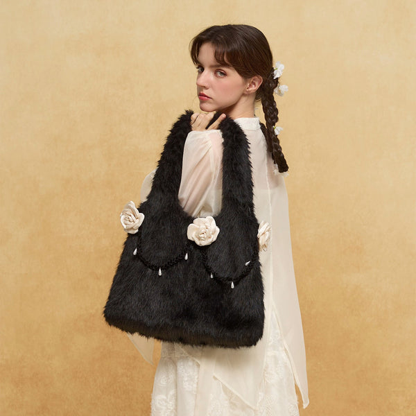 椿の花のファートートバッグ - Black