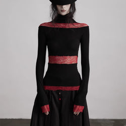Black Red Turtleneck Knit Top
