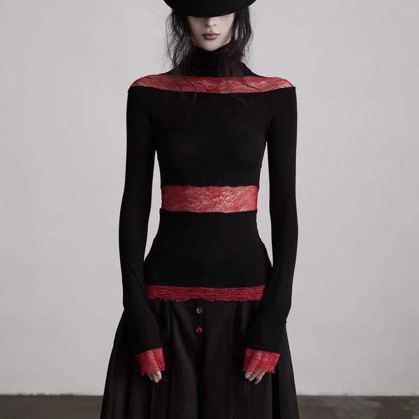 Black Red Turtleneck Knit Top