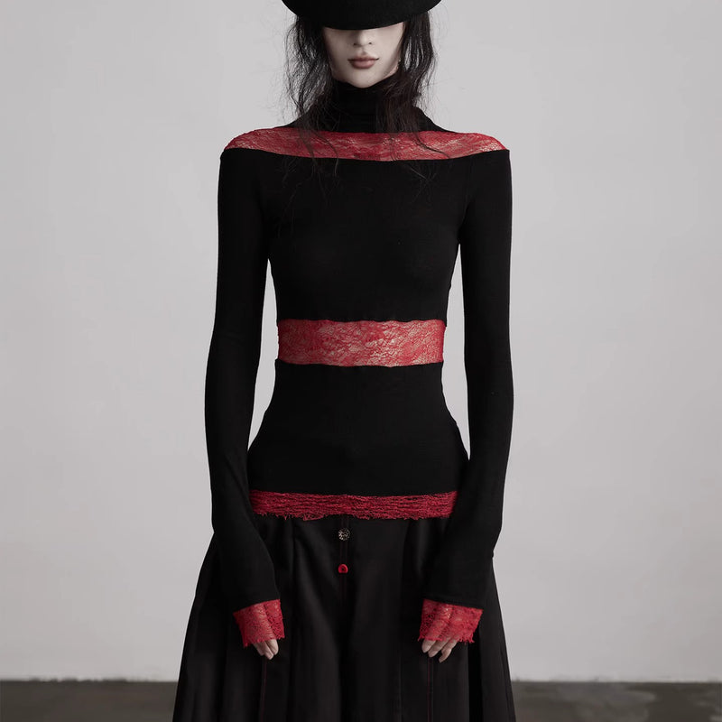 Black Red Turtleneck Knit Top