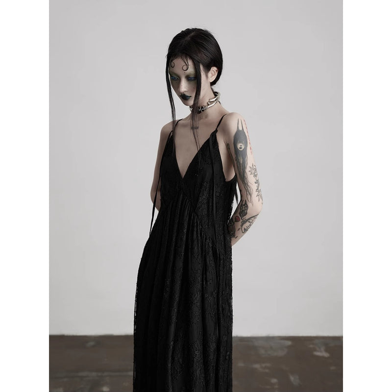 Dark Night Flower Embroidered Lace Camisole Dress