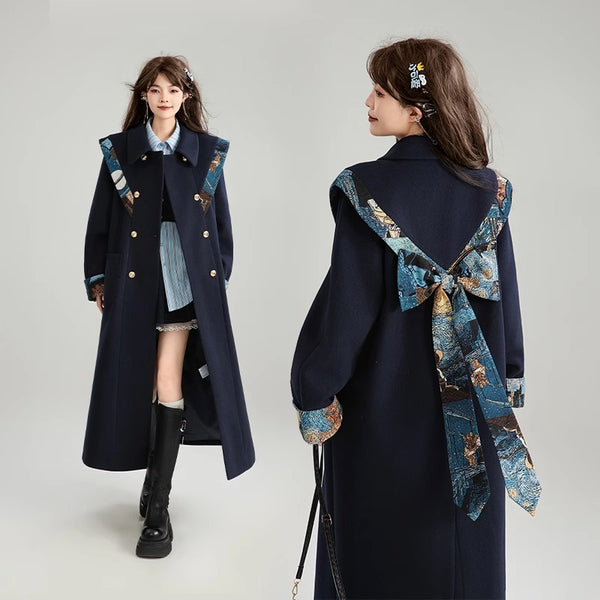 西洋油彩画のリボンダブルブレストロングコート