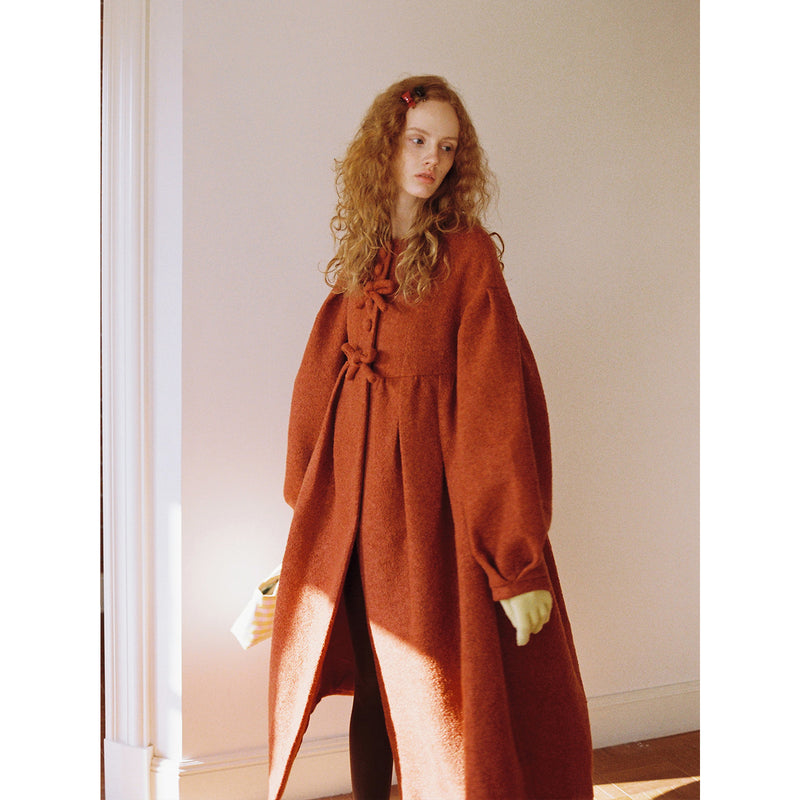 Camel Red Puffy Retro Wool Coat