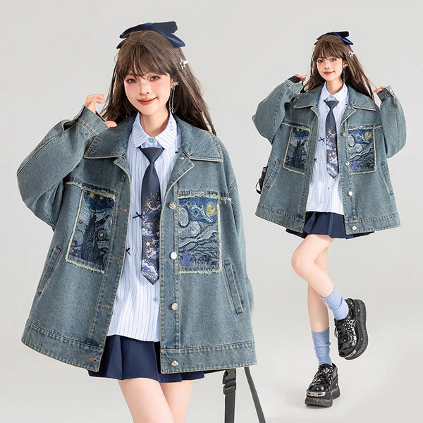 星月夜の刺繍デニムジャケット