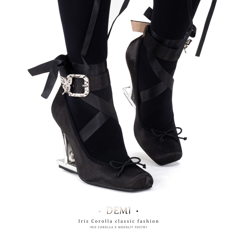 Demi Pointe High Heel Pumps (Double Ankle Strap) - Black / Silver Heel[2025年11月中旬-12月上旬発送予定]