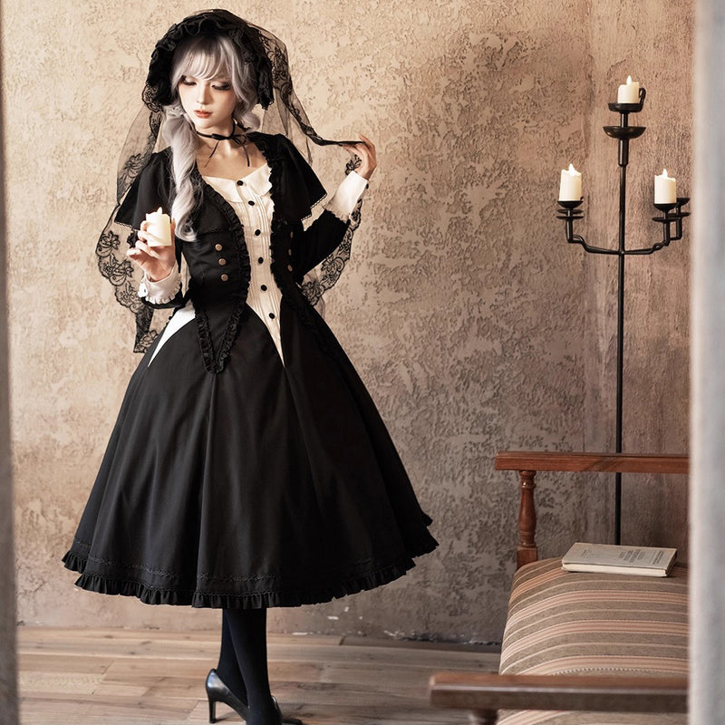 暗黒夜会のクラシカルケープワンピース - Black × White[2026年3月上旬-3月下旬発送予定]