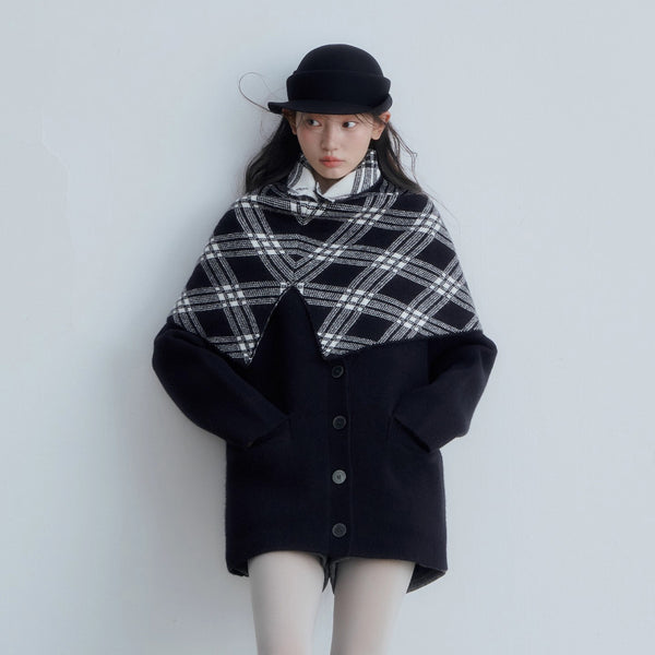 Checkered Cape and Black Knit Cardigan