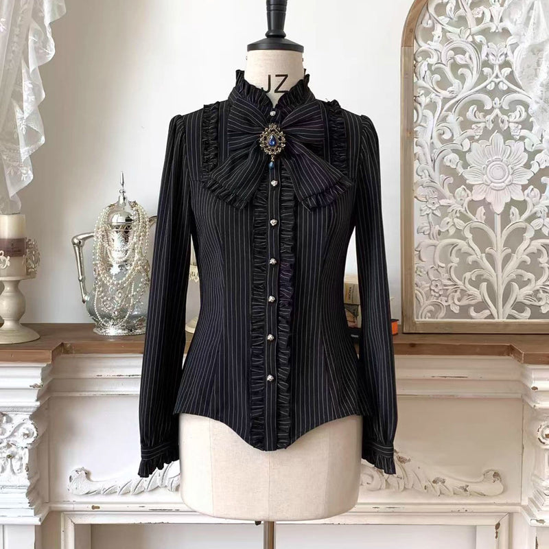 西洋令嬢の縦縞クラシカルブラウス - Black[2026年1月上旬-1月下旬発送予定]