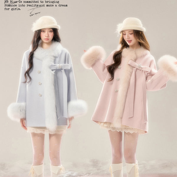 Romantic Ribbon Fur Wool Coat