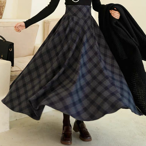 映画女優の格子柄ハイウエストロングスカート