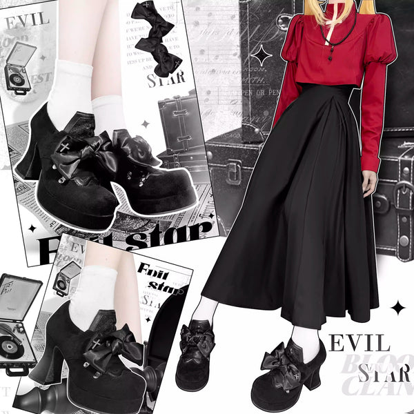 十字架とリボンのゴシックヒールパンプス - Velvet Black[2025年9月上旬-9月下旬発送予定]