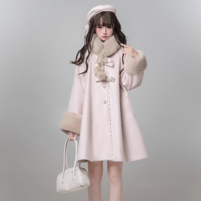 桜色のお嬢様のリボンファーウールコート