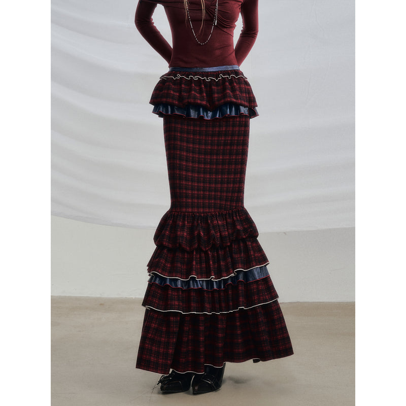 Wine Red Docking Plaid Tiered Skirt