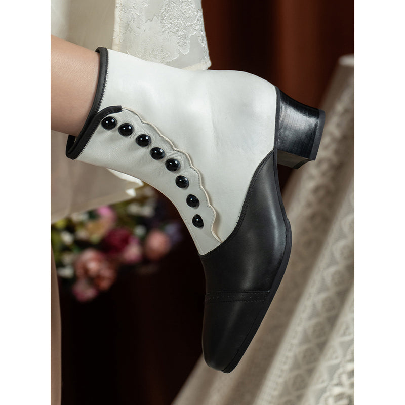 Victorian Round Toe Buttoned Short Boots - Black White