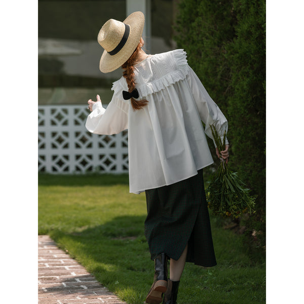 White Embroidered Ruffled French Blouse