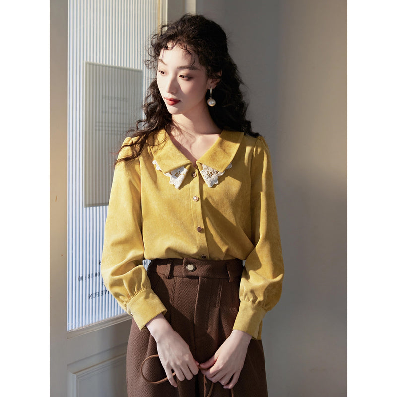 Yellow Floral Embroidered Corduroy Blouse