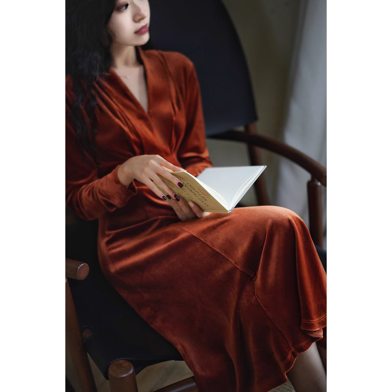 赤銅色の貴婦人ベルベットワンピース