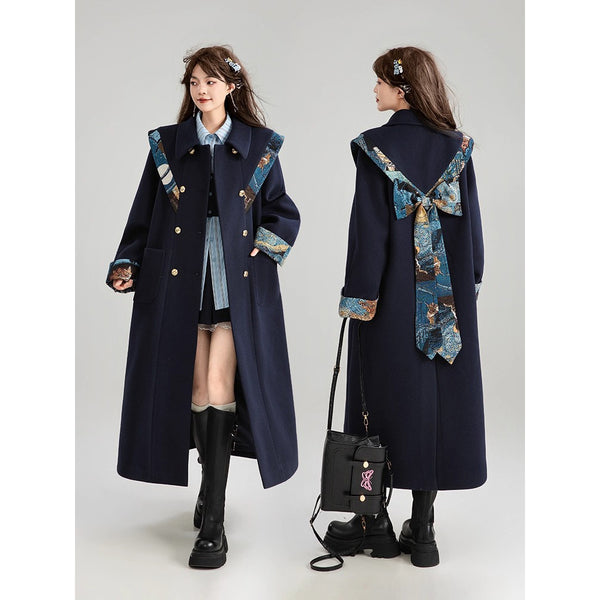 西洋油彩画のリボンダブルブレストロングコート