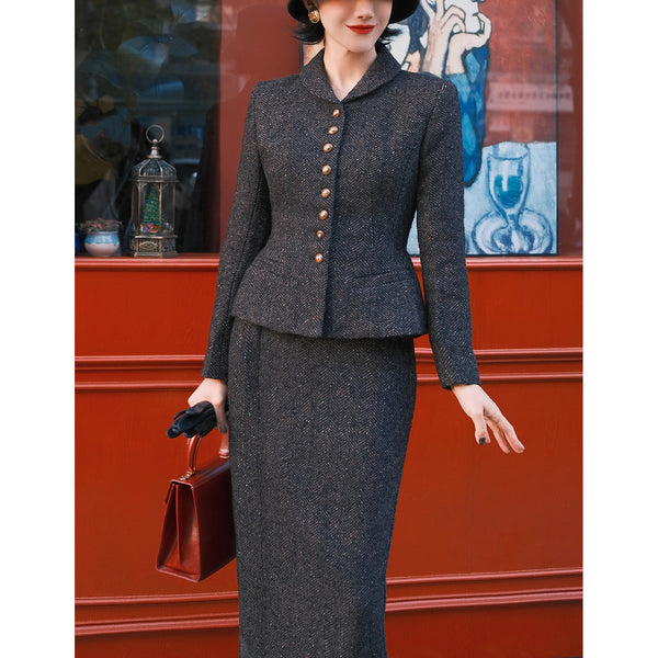 銀幕の貴婦人のツイードジャケットとペンシルスカート - Dark Black