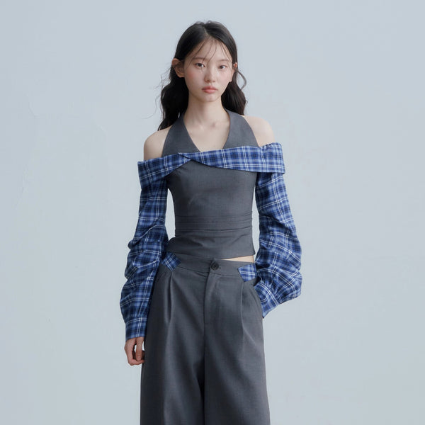 Checkered Off-the-shoulder Blouse and Grey Wide Pants