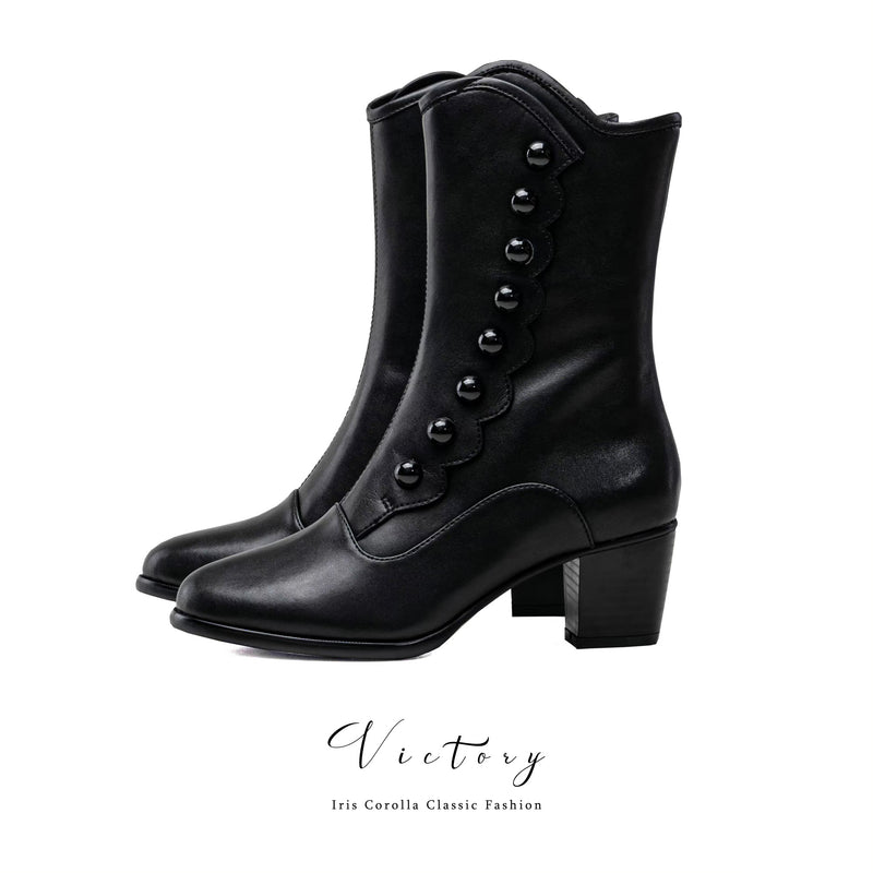 Victorian Round Toe Buttoned Short Boots - Black[2025年11月上旬-11月下旬発送予定]