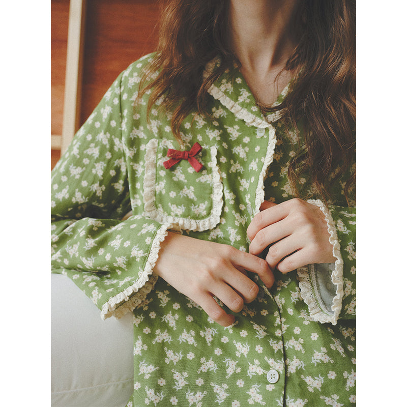 Matcha Floral Patterned Retro Room Wear