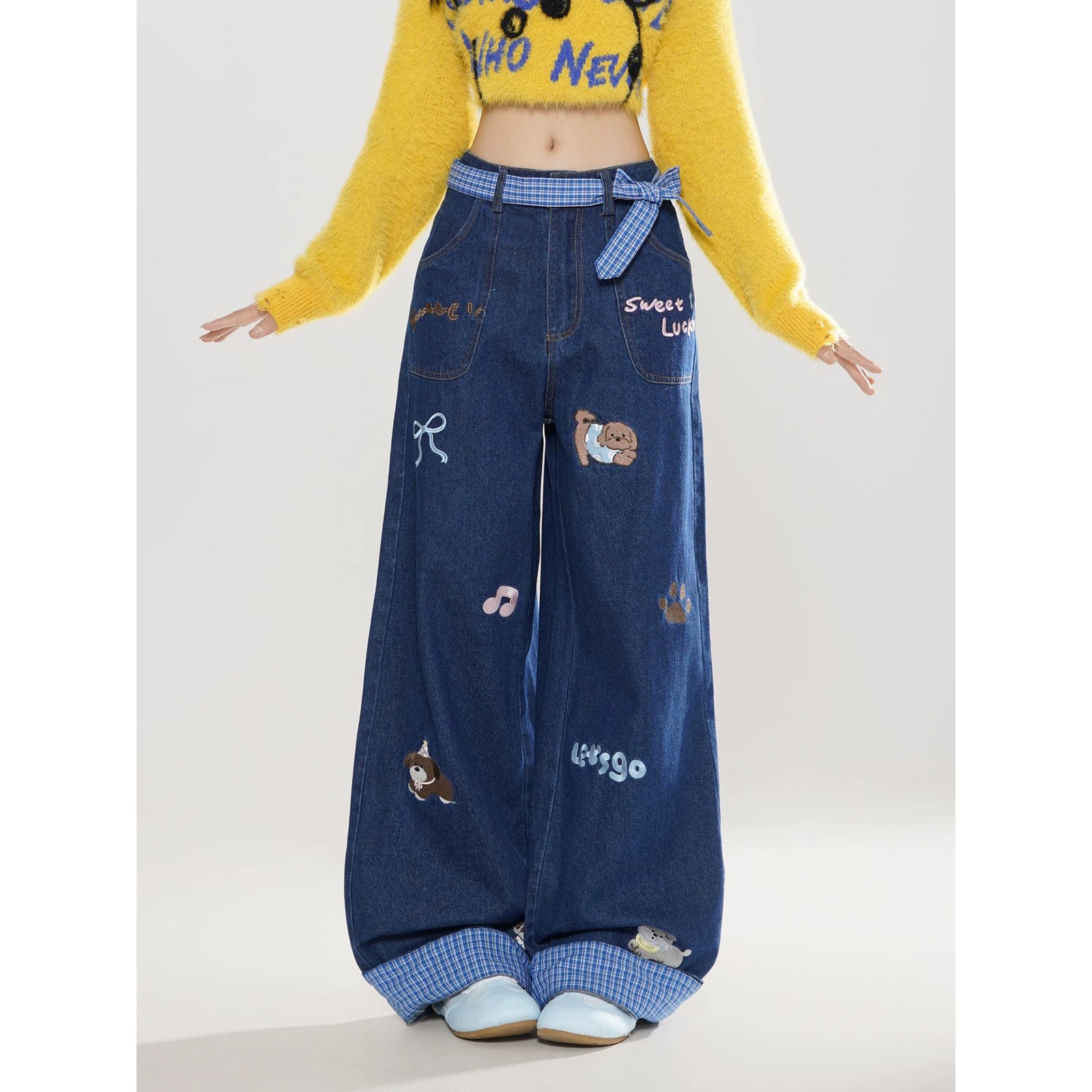 Puppy Embroidered Checkered Denim Pants – ManusMachina