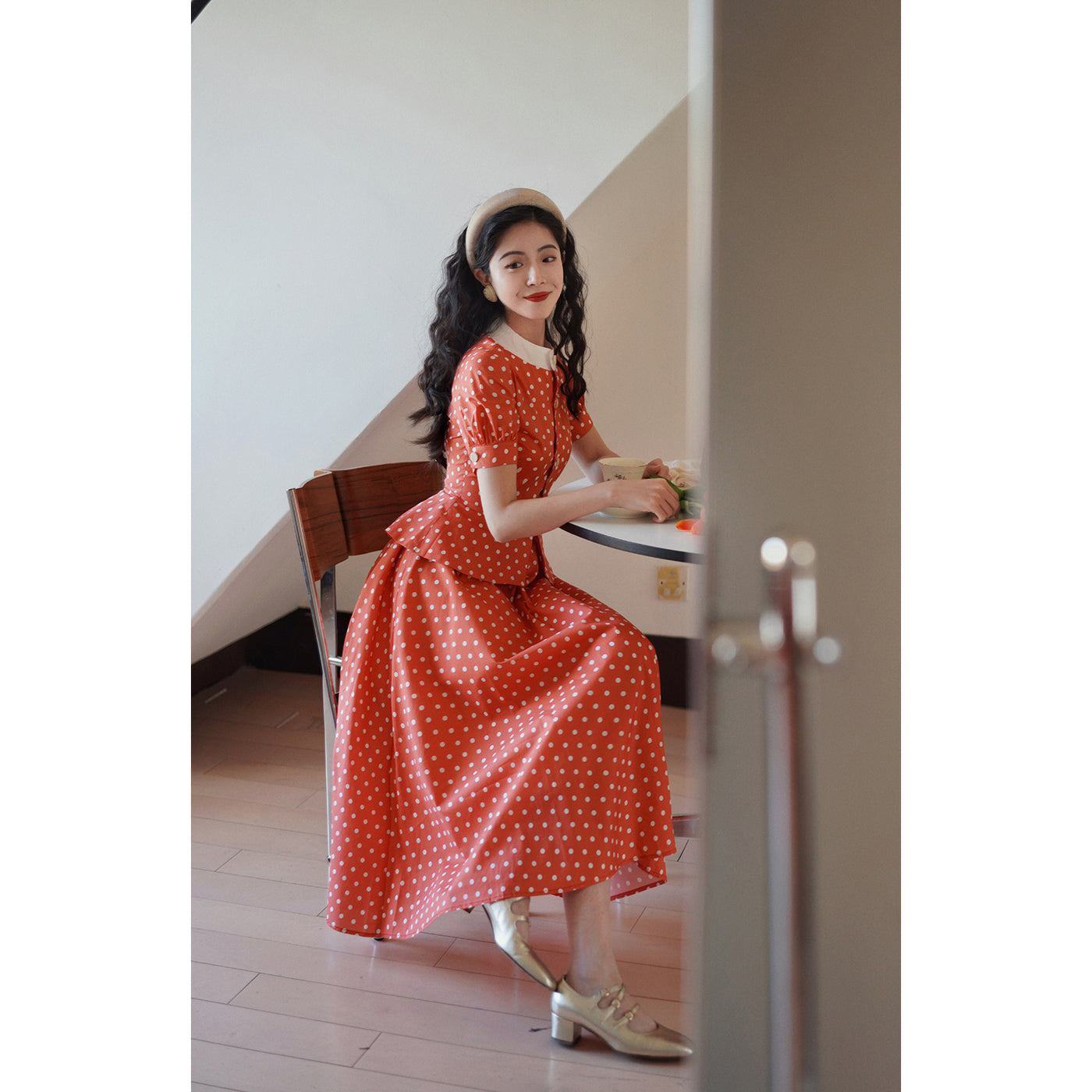 ふりふ　カラー長襦袢　赤　朱色　水玉模様 洗える長襦袢 紅(赤) 48手/四十八手