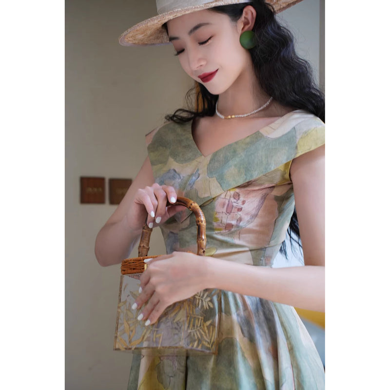 油彩の風景画ヘップバーンワンピース