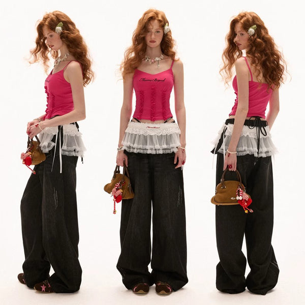 Drawstring Frill Wide Denim Pants