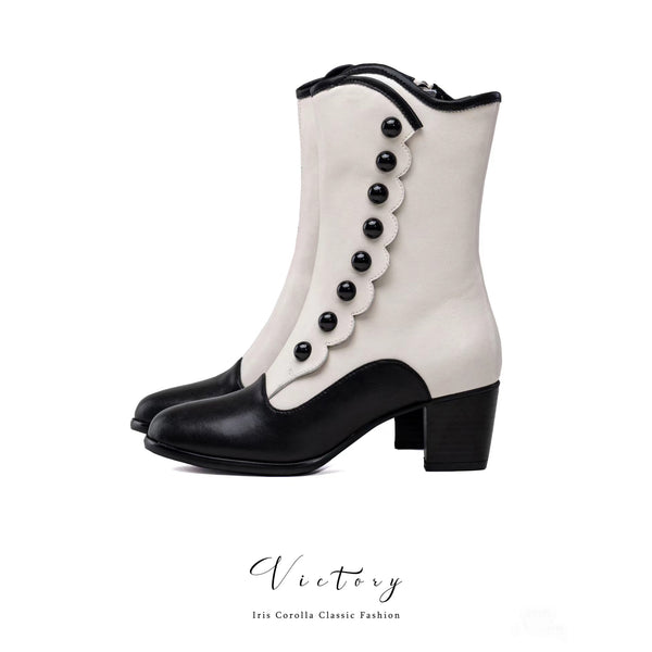 Victorian Round Toe Buttoned Short Boots - Black Ivory[2024年11月下旬-12月中旬発送予定]（予約期間：延長）