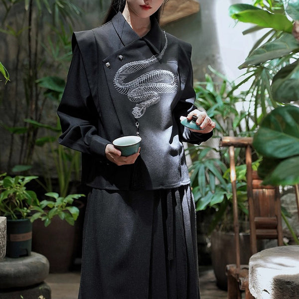 蛇骨の刺繍アシンメトリートップス - Black