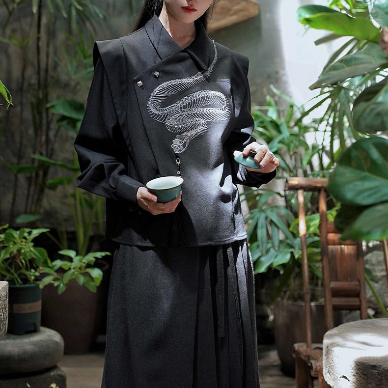 蛇骨の刺繍アシンメトリートップス - Black