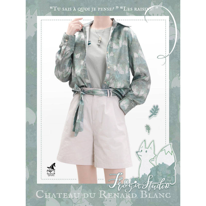 白狐の挿絵シャツ - Aqua Green