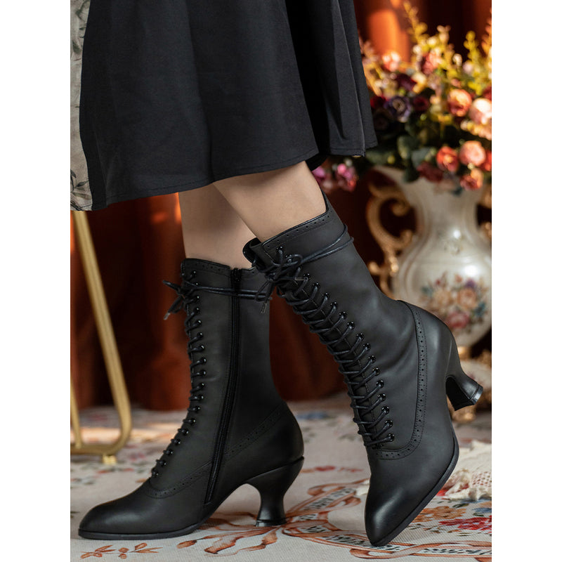 Victorian Pointed Toe Lace Up Boots - Black